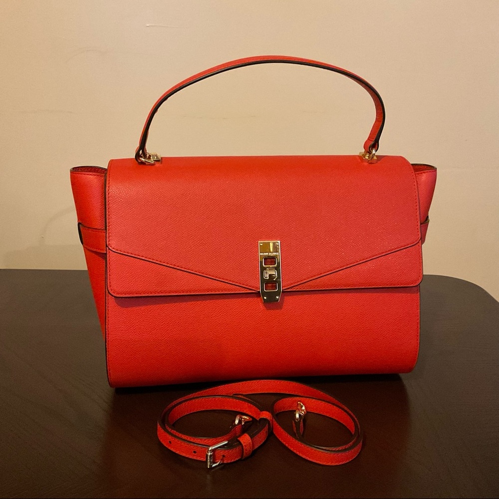 Henri Bendel New York Red ShimmerTextured  Leather Satchel Detachable Strap